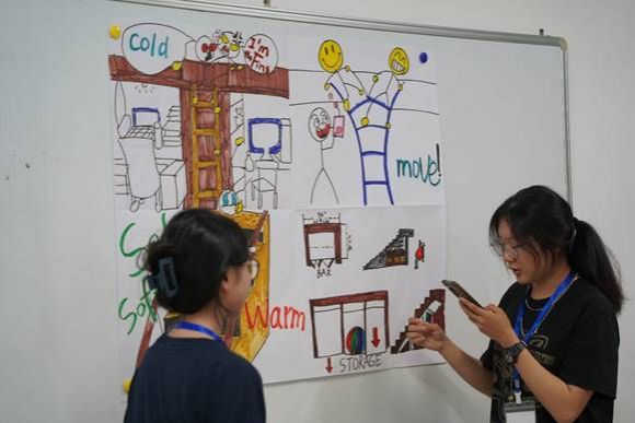 A group of women looking at a drawing on a whiteboardDescription automatically generated